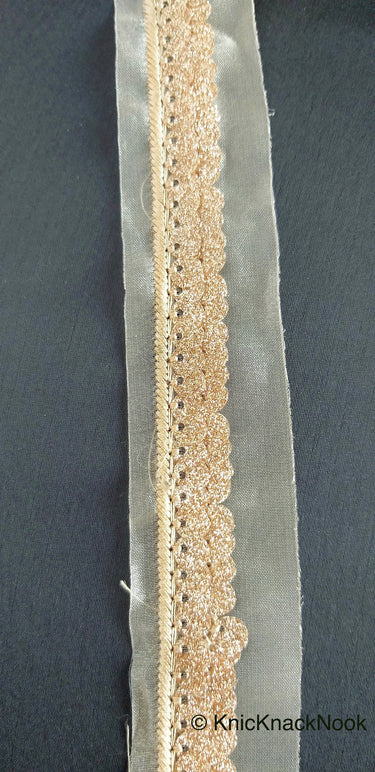 Beige Sheer Fabric Trim Embroidered With Beige Silk Thread And Glitter Copper Sequins, Approx. 33mm Wide